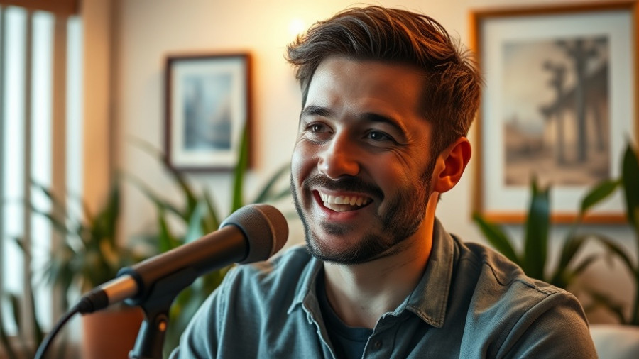 Friendly man speaking calmly into a microphone, soft indoor setting.