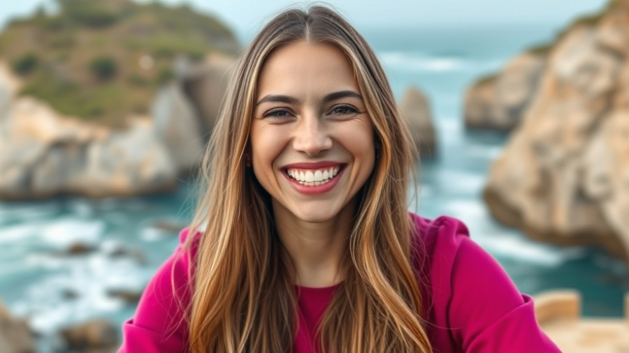 Smiling woman in virtual meeting with coastal background.