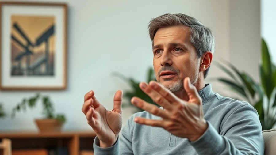 Calm speaker gesturing during indoor energy discussion