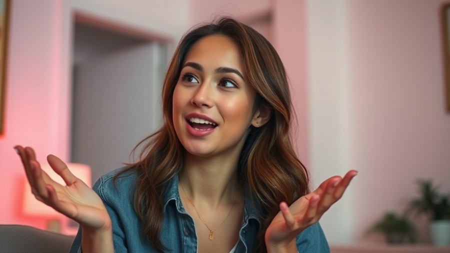 Young woman discussing human design in a softly lit room.