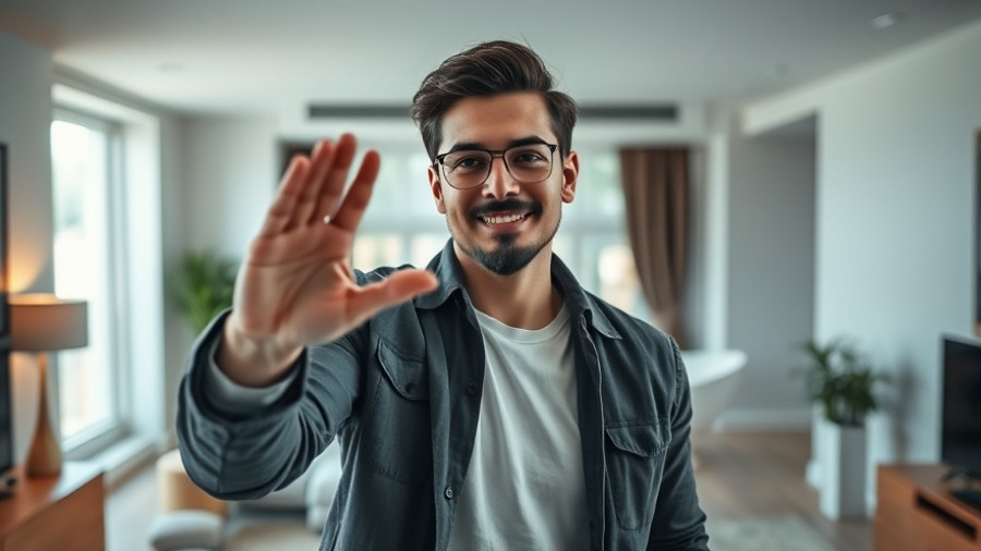 Inner Reality Shift concept with man gesturing in modern apartment.