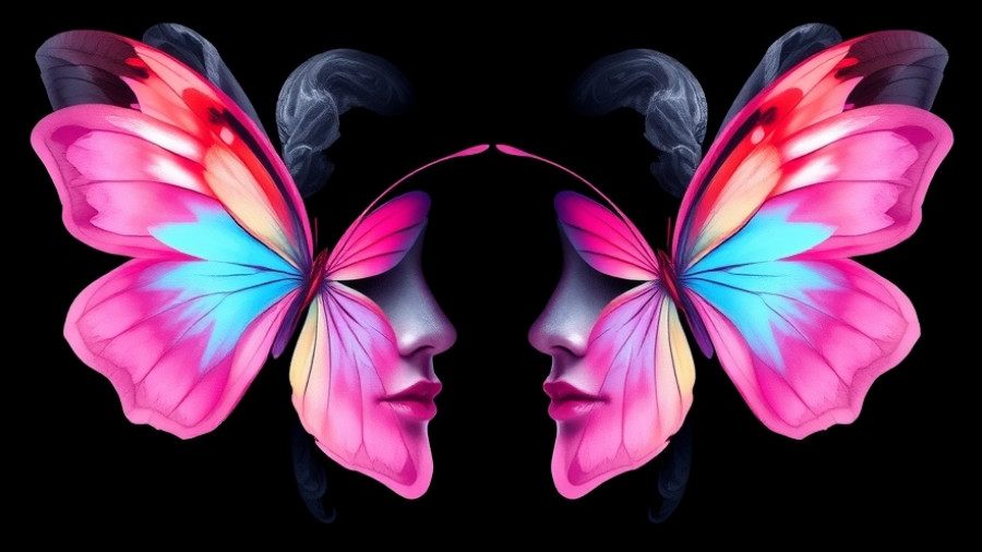 Abstract colorful faces in butterfly shape depicting 'the lesson in projection'.