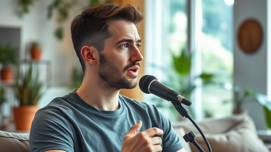 Man speaking calmly into microphone in cozy living room setup.