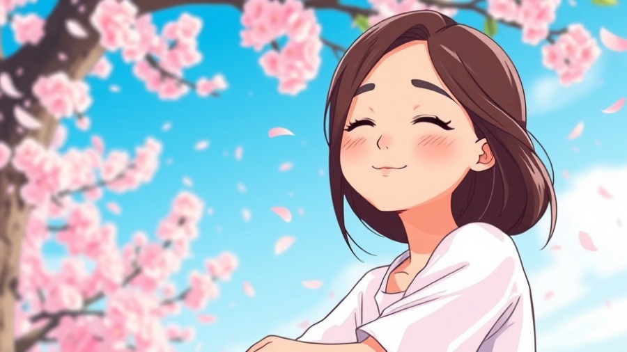 Serene woman under cherry tree, representing the ache of self-worth.