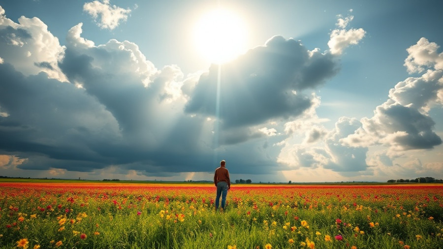 Shifting out of survival mode: figure admiring radiant sky, dark clouds parting.