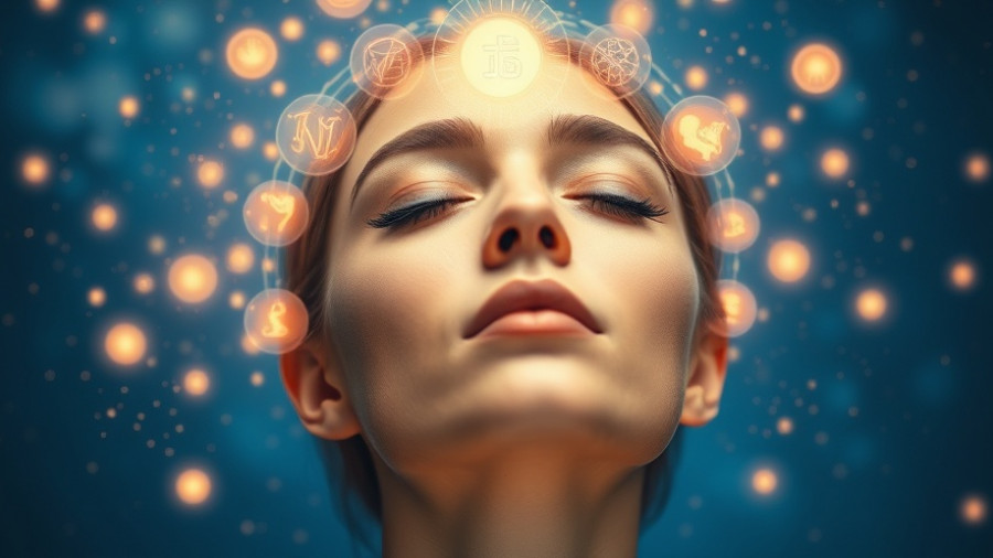 Woman experiencing energy healing with glowing symbols and serene expression.