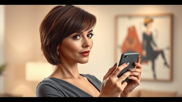 Elegant woman holding device, expressing confidence.