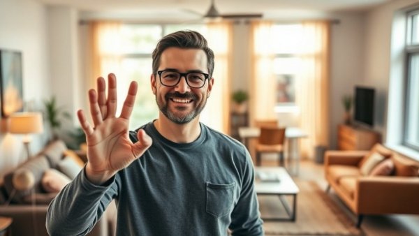 Relaxed man in modern living room gesturing OK, discussing decrease in importance for personal transformation.