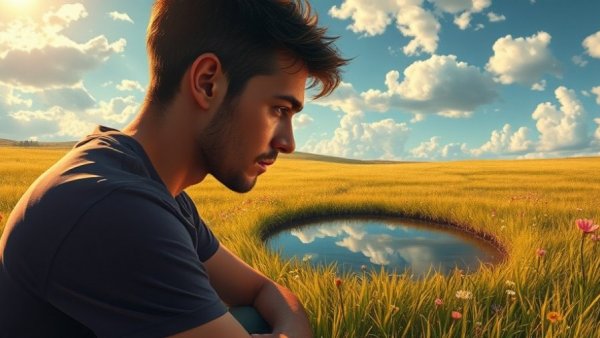 Illustration of a man reflecting by a pond, conveying emotional honesty in addiction recovery.
