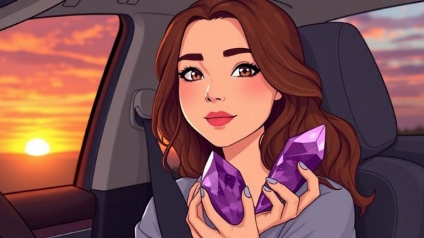Mindfulness with sensory objects: woman holding amethyst in car.