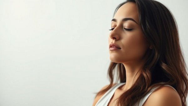 Serene woman in meditation practicing guided energy cleanse, minimalist setting.
