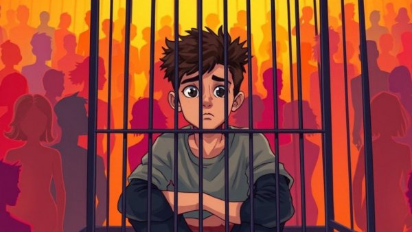 Illustration of a young man in a cage symbolizing overcoming shyness, vibrant setting.