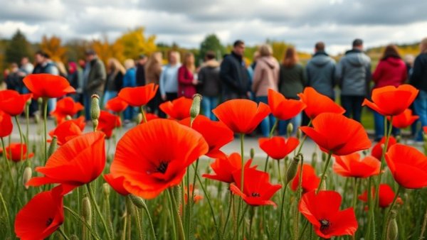 Energy Healing 11/11 Portal: People gathering amid vibrant red poppies.