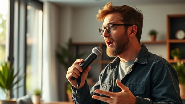 Casual man speaking intimately into a microphone, Signs of Love.