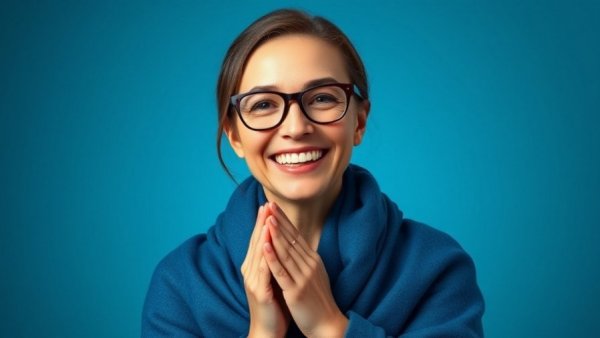 Smiling woman discussing The Three Principles in a blue shawl.