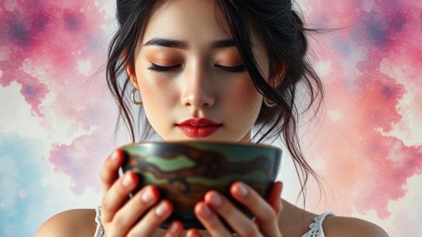 Serene woman experiencing benefits of self-compassion with kintsugi bowl