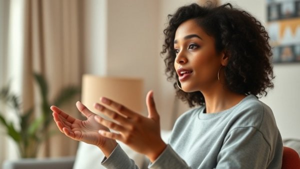 Confident woman sharing a message about integrity in success in a cozy setting.