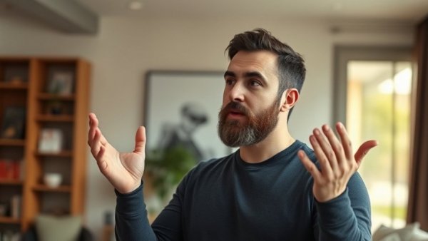 Man discussing inner reality shift in modern living room.
