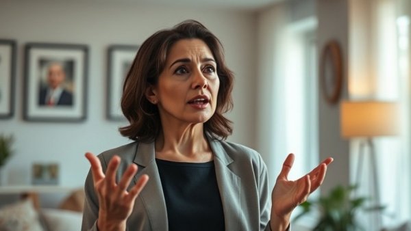 Confident woman expressing ideas passionately in a modern setting.