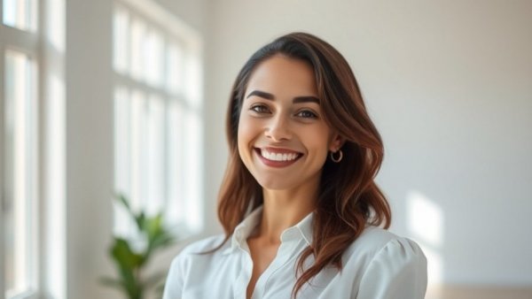 Confident woman smiling, embracing true freedom in soft light.