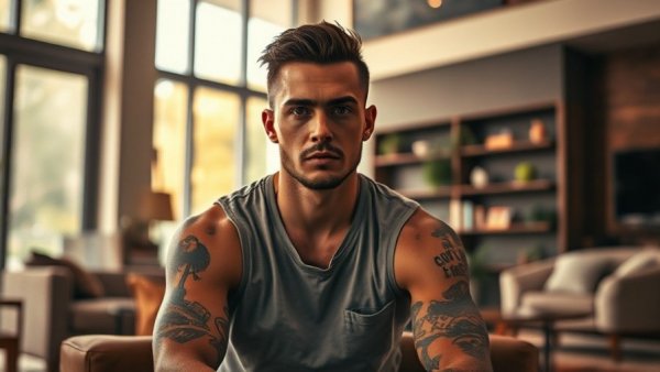 Casual man pondering in a modern living room, protect your energy.