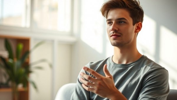 Casual young man discussing letting go to let in, soft lighting.