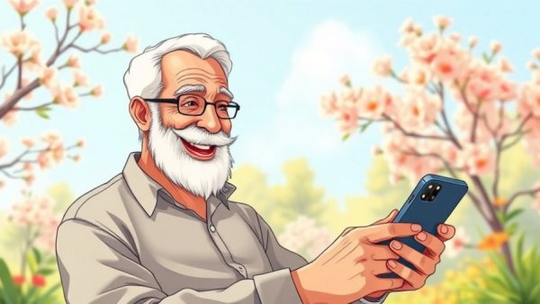 Elderly man enjoying Digital Reminiscence Therapy outdoors