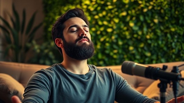 Calm man meditating to attract love, green indoor setting.