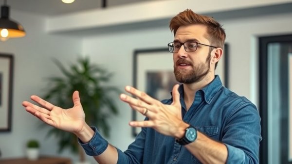 Casual man gesturing, focused expression, conveying being magnetic indoors.