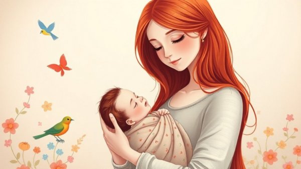 Illustration of mother and baby with colorful birds and flowers