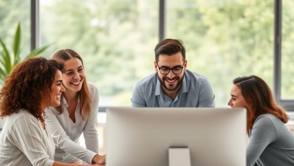 Team collaboration in bright office, demonstrating ways to keep employees happy.