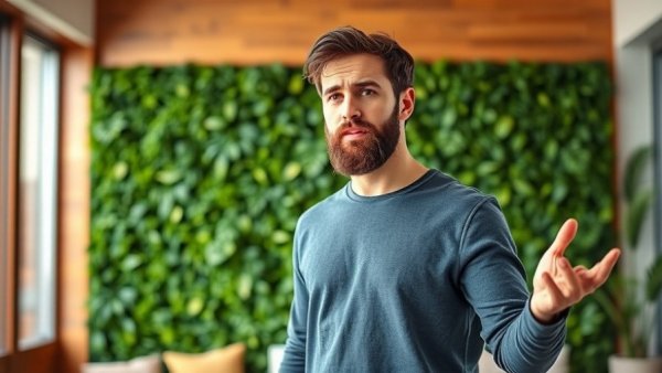 Engaged man indoors, stop feeling drained expression.