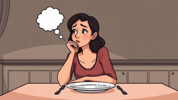 Contemplative woman thinking about overcoming food noise at a table.