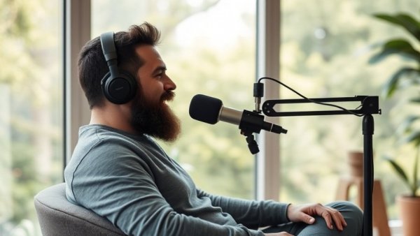 Man in podcast setting with natural lighting discussing quantum shifts.