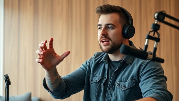 Casual man speaking in a podcast studio with tattooed arms.