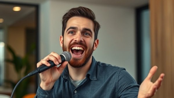 Man passionately speaking into microphone, become dangerously magnetic.