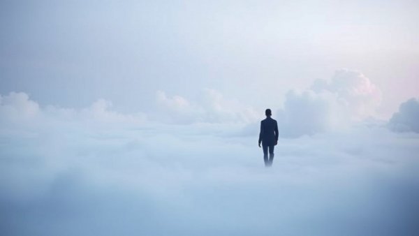 Solitary figure walking through ethereal clouds, healing childhood trauma.