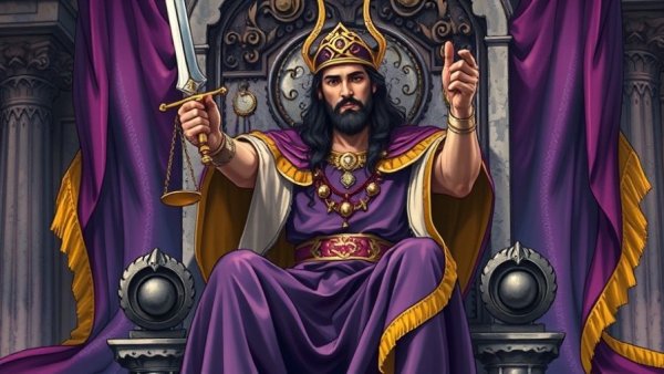 Justice Tarot card depicts a regal figure with scales and sword.