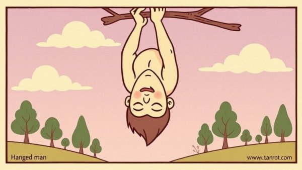 Stylized Hanged Man tarot card meaning illustration.