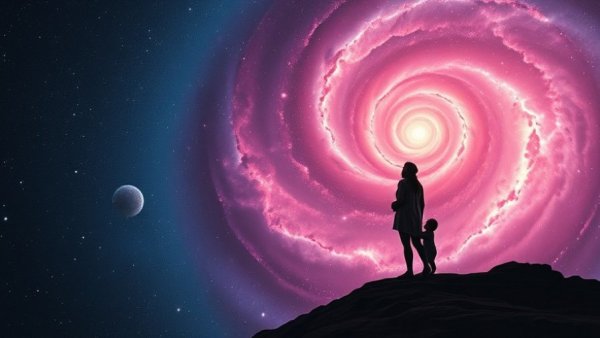 Majestic scene of a woman and child on cliff gazing at galaxy, symbolizing trauma memory loss healing.