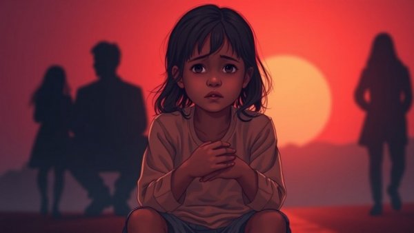 Young girl grieving while silhouetted parents sit, highlighting emotional distance.