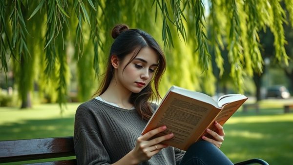 Serene woman reading a book in a green park, future-proofing the mind.