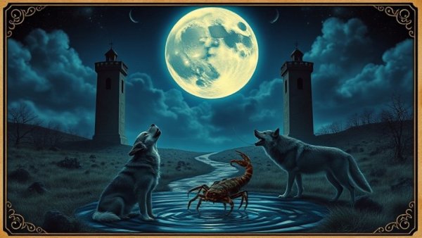 Symbolic Moon Tarot Card: the moon, wolf, dog, crawfish, The Moon Tarot Card Meaning.