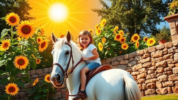 The Sun Tarot card meaning with joyful child on a horse under the sun.