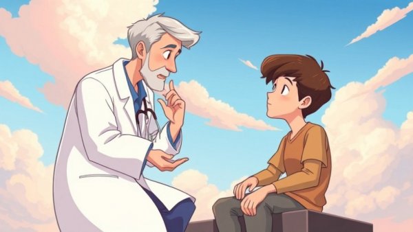 Emotional Healing Journey: Doctor and patient, dreamy clouds.