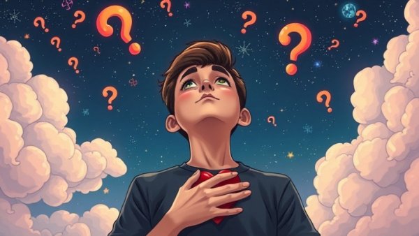 Young man finding peace amidst question mark clouds, celestial setting
