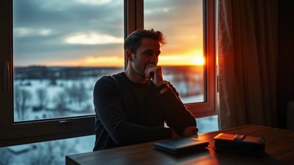 Reflective man redefining self-worth beyond financial success at sunset.
