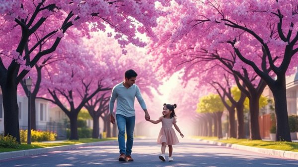 Father and daughter under purple blossoms reclaim your time and energy.