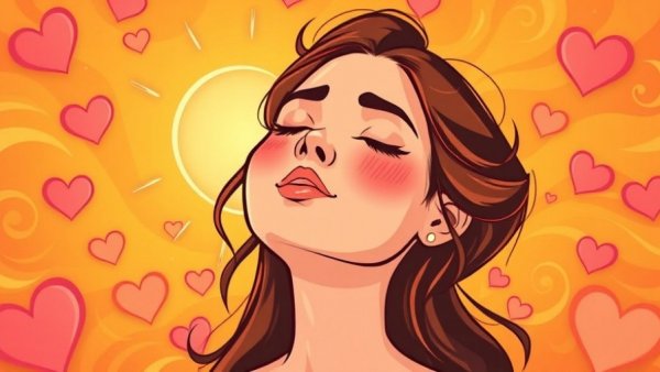 Cartoon woman finding peace in overcoming perfectionism with a glowing heart.