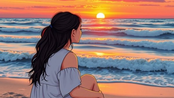 Sad on vacation: Woman on beach at sunset, lost in thought.